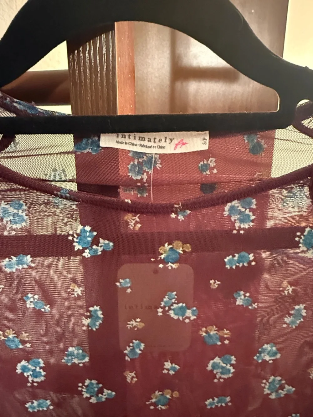 Free People intimately Sheer Burgundy Floral Mesh Long Sleeve Top -#014S - Picture 3 of 3
